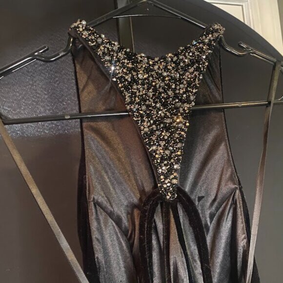 Alyce Black Velvet High Neck Open Back Floor Length Evening Gown - Picture 2 of 6